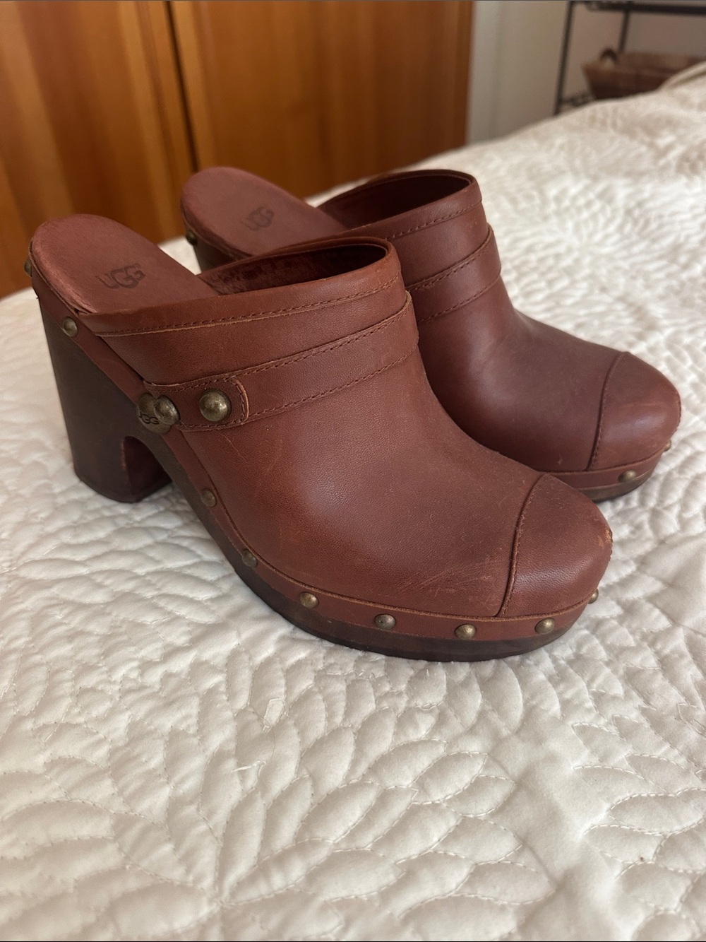 UGG Women's Brown Leather Studded Clog Heels